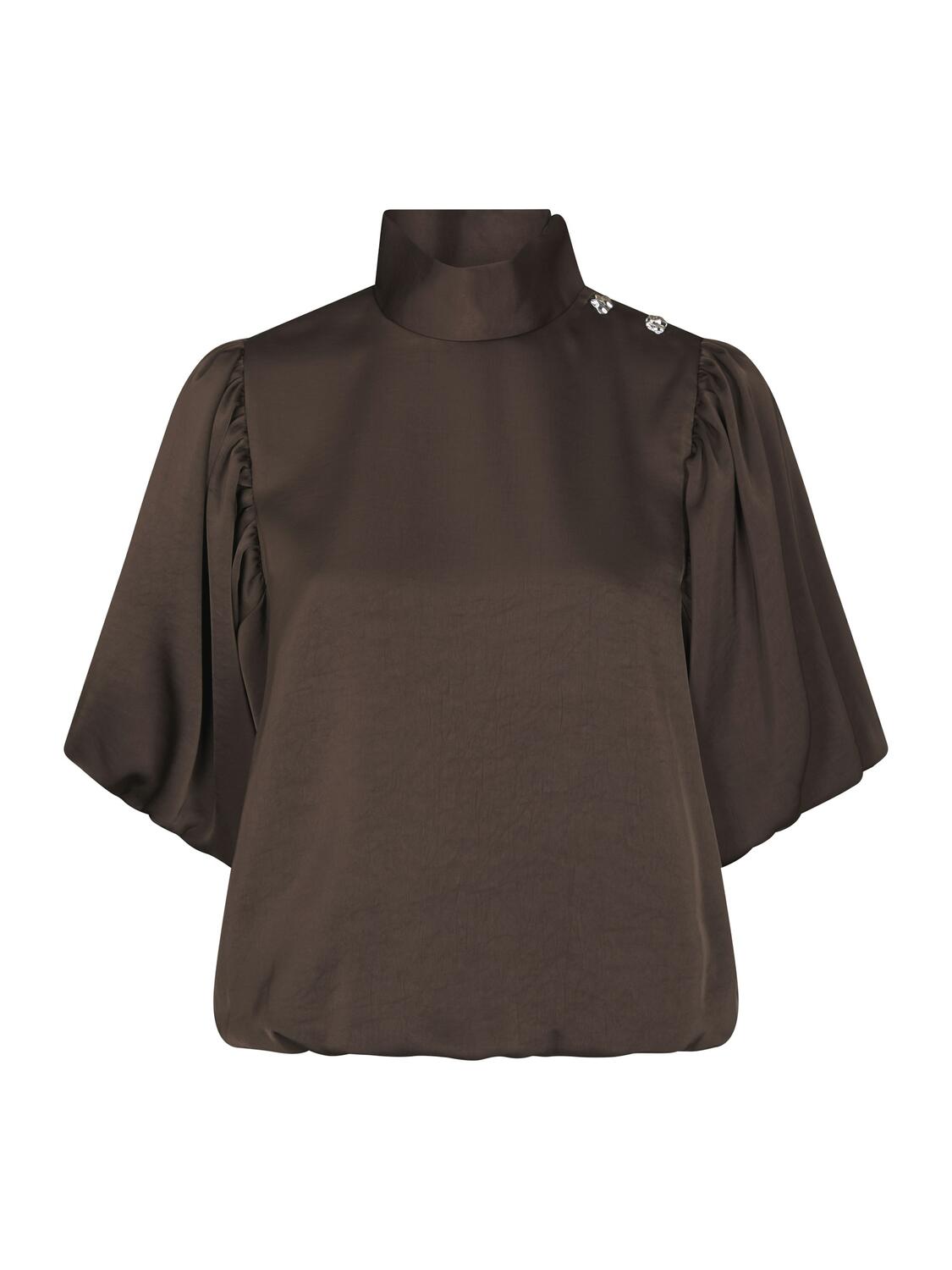 Parisa Heavy Sateen bluse med pufærmer – Dark Brown